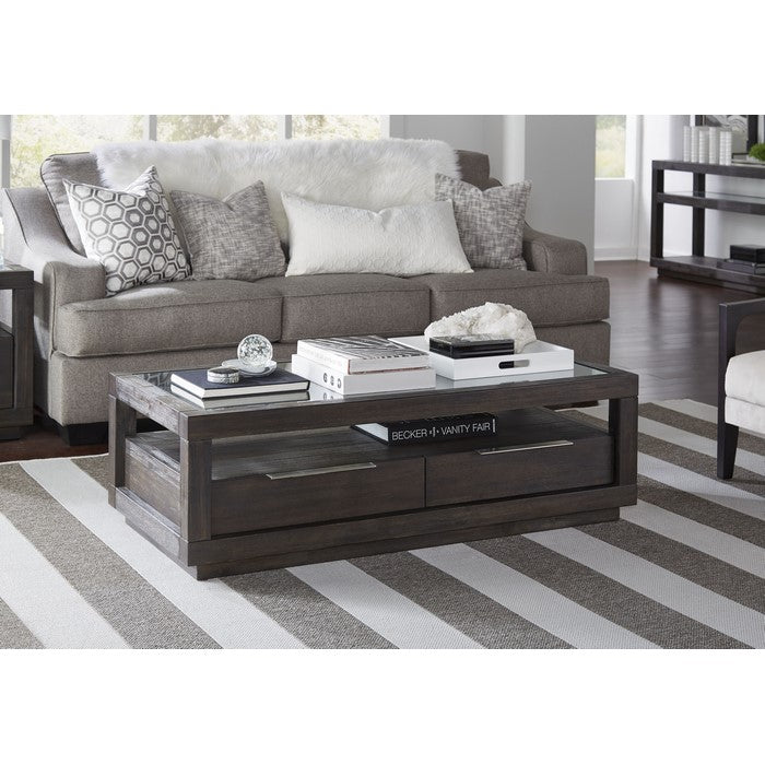 Wooden Coffee Table with Glass Inlay Table Top and Two Drawers, Basalt Gray
