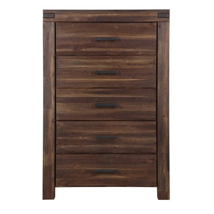 Wooden Five Drawer Chest with Metal Pull and Tenon Corner Joints, Brick Brown