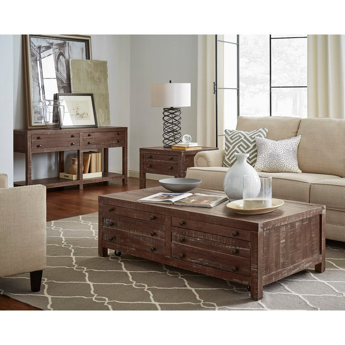 Wooden Four Drawer Coffee Table with Metal Knob Pull, Brown