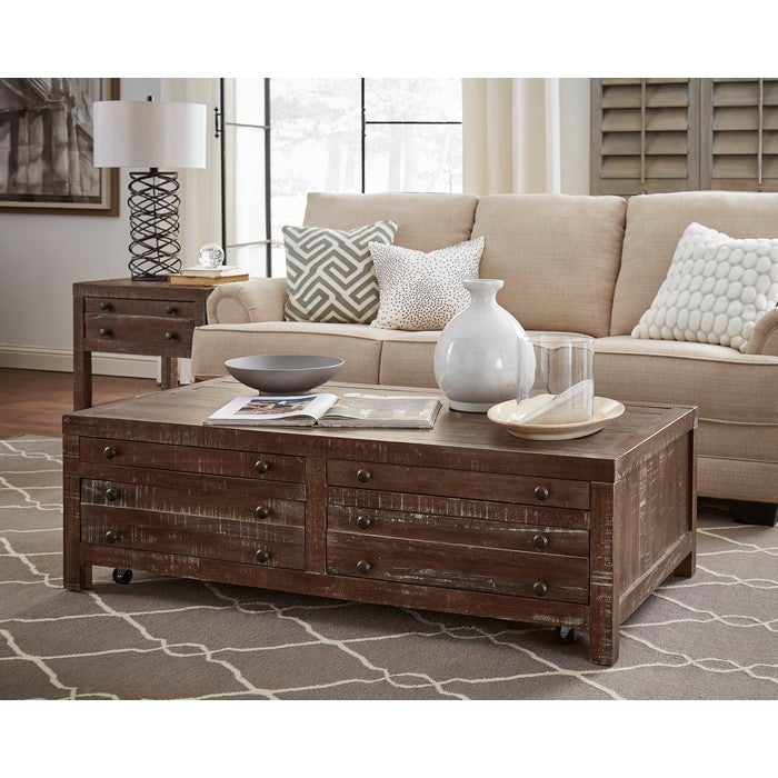 Wooden Four Drawer Coffee Table with Metal Knob Pull, Brown