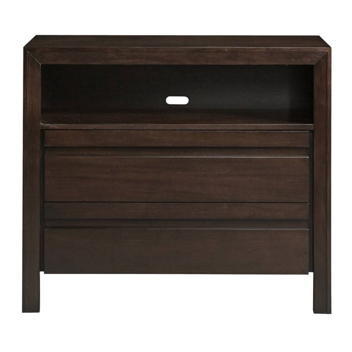 Wooden Media Chest with One Open Shelf and Two Drawers, Dark Brown