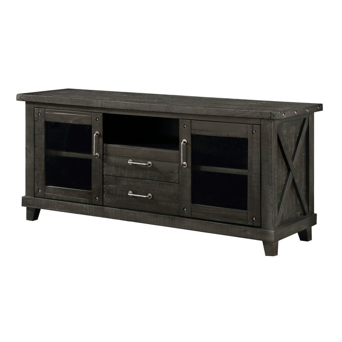 Wooden Media Console with Two Drawers and Two Glass Door Cabinets, Brown