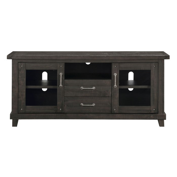 Wooden Media Console with Two Drawers and Two Glass Door Cabinets, Brown