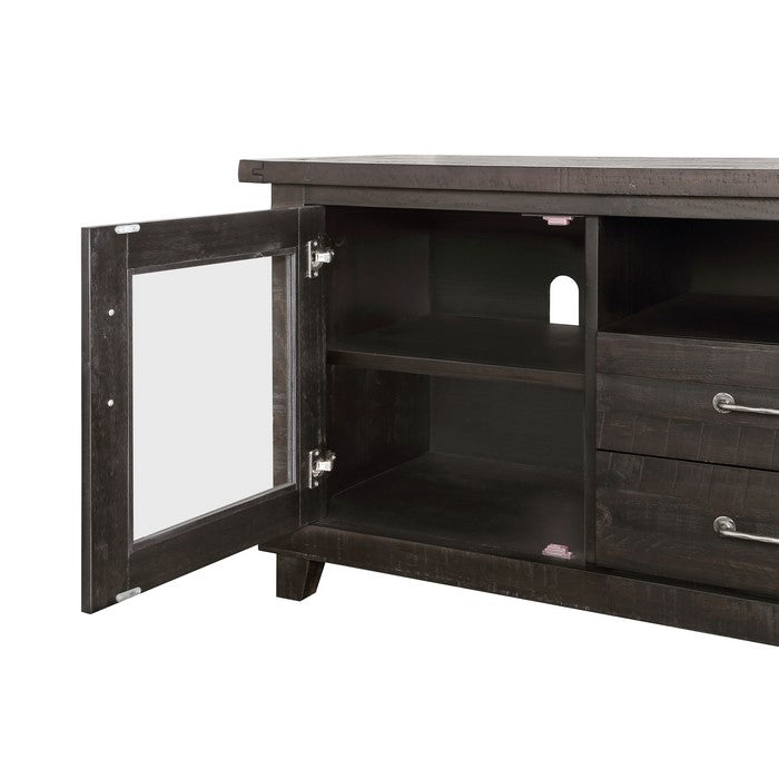 Wooden Media Console with Two Drawers and Two Glass Door Cabinets, Brown