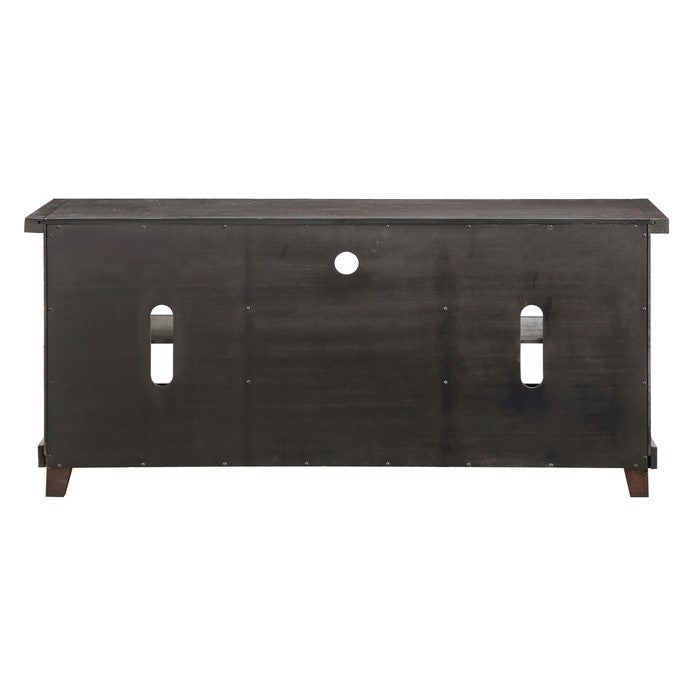 Wooden Media Console with Two Drawers and Two Glass Door Cabinets, Brown