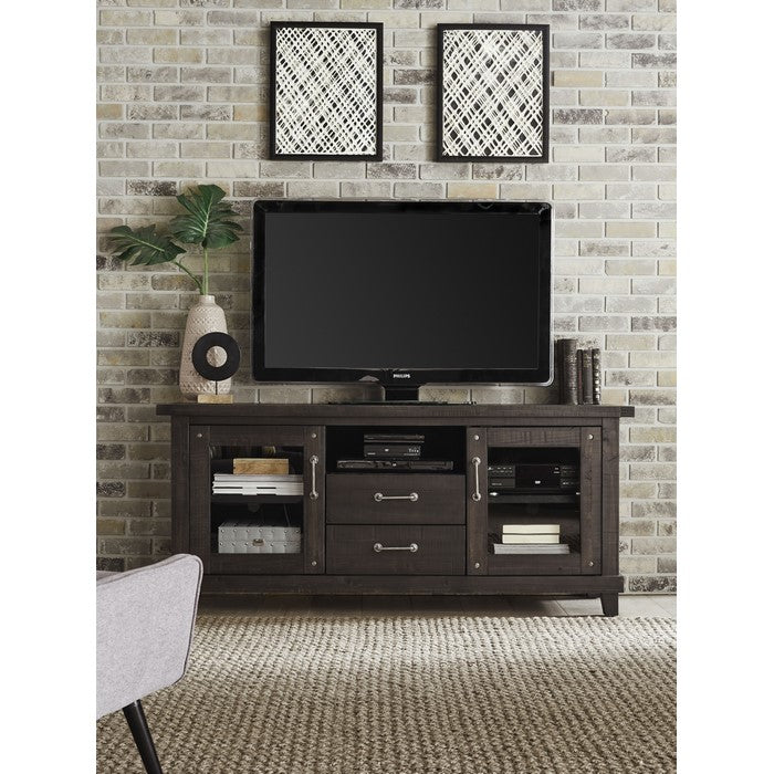 Wooden Media Console with Two Drawers and Two Glass Door Cabinets, Brown