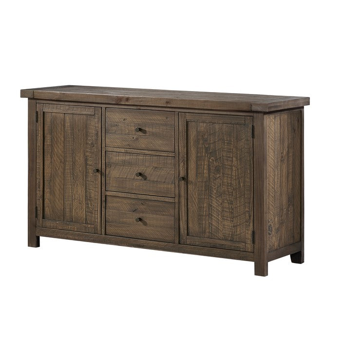 Wooden Sideboard with Three Drawers and Two Side Door Cabinets, Oak Brown