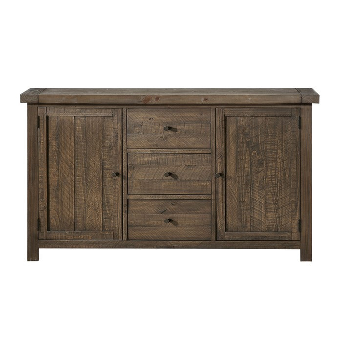 Wooden Sideboard with Three Drawers and Two Side Door Cabinets, Oak Brown