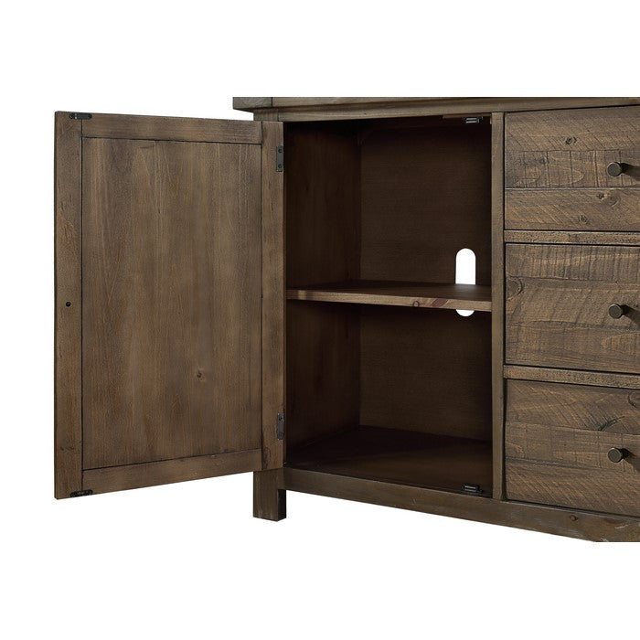 Wooden Sideboard with Three Drawers and Two Side Door Cabinets, Oak Brown