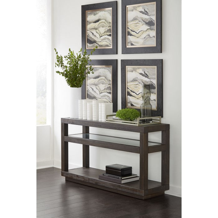 Wooden Two Tier Console Table with Glass Inlay Table Top and Beneath Shelf, Gray