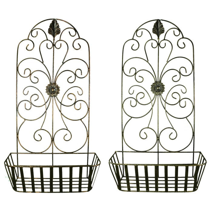 Metal WallDecor With Intricate Design and Wired Basket, Assortment of Two , Gray