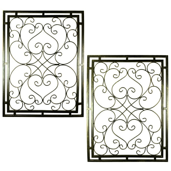 Metal WallDecor With Scroll Work and Rectangular Framed Design, Assortment of Two, Gray