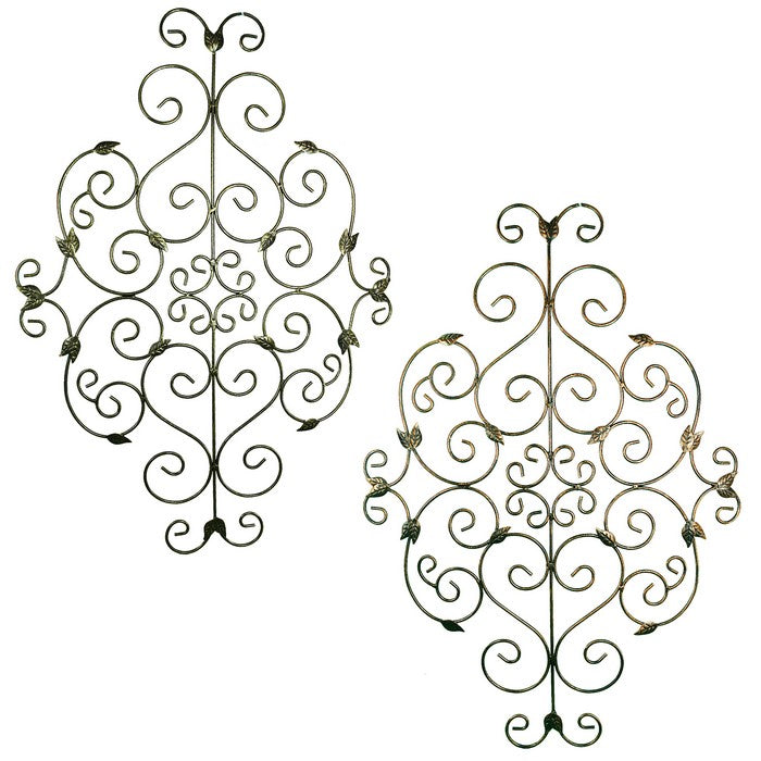 Metal WallDecor With Scroll Work Design and Leave Accents, Assortment of Two, Gray and Copper