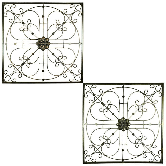 Iron WallDecor with Flower Accent and Squared Framed Design, Assortment of Two, Bronze