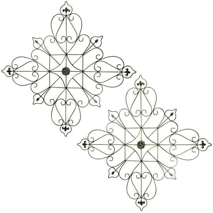 Metal WallDecor with Intricate Design and Fleur de lis accents , Assortment of Two , Gray