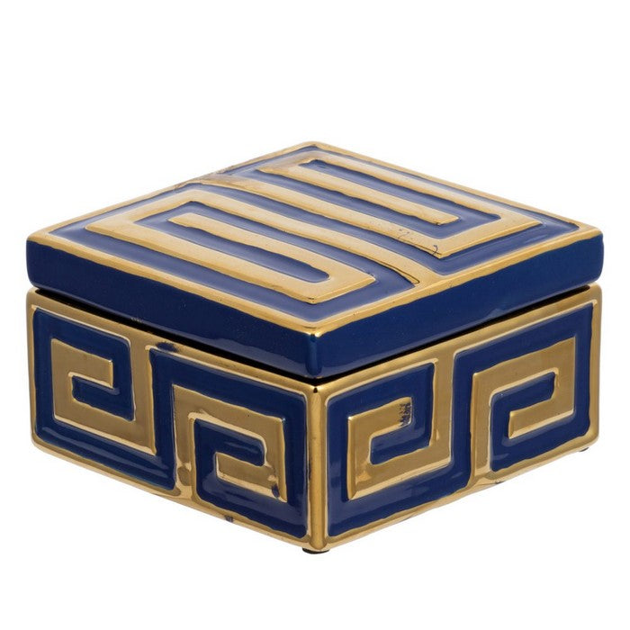 Traditional Style Stoneware Square Box with Geometric Pattern, Gold and Blue
