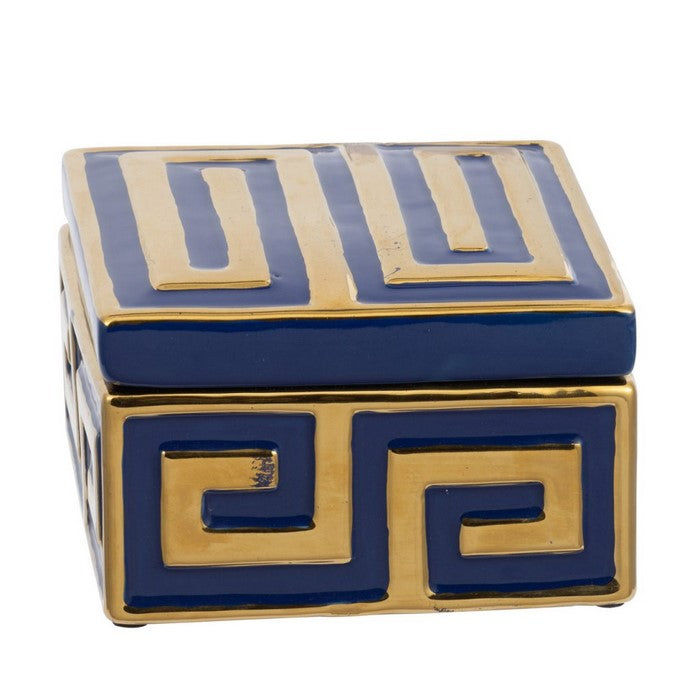 Traditional Style Stoneware Square Box with Geometric Pattern, Gold and Blue