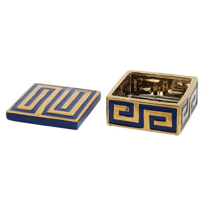 Traditional Style Stoneware Square Box with Geometric Pattern, Gold and Blue