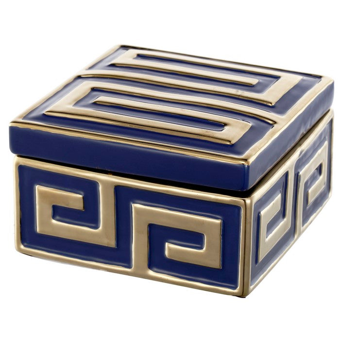 Traditional Style Stoneware Square Box with Geometric Pattern, Gold and Blue