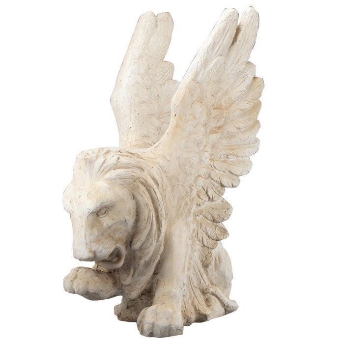 Magnesia Lion Gryphos Figurine with Dramatic Wings, Weathered White