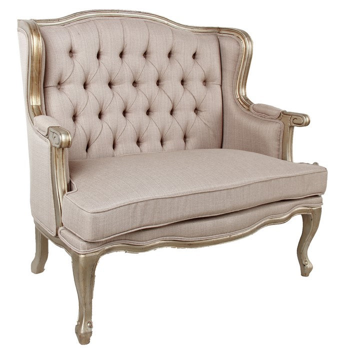 Traditional Fabric Upholstered Rubber Wood Settee with Cabriole Legs, Beige and Gold