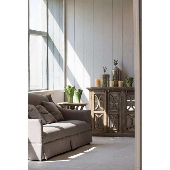 Contemporary Style Polyester Upholstered Wooden Settee with Nail Head Trim Detail, Gray
