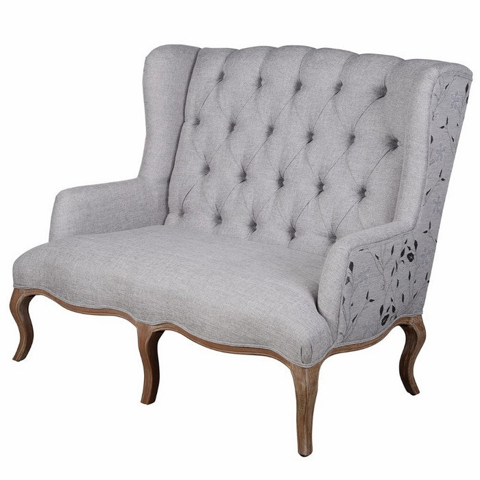 Classic Style Polyester Upholstered Rubber Wood Settee with Button Tufted Backrest, Gray and Brown