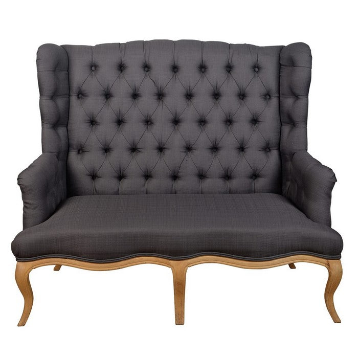 Fabric Upholstered Wooden Settee with Button Tufted Wingback Design Backrest, Gray and Brown