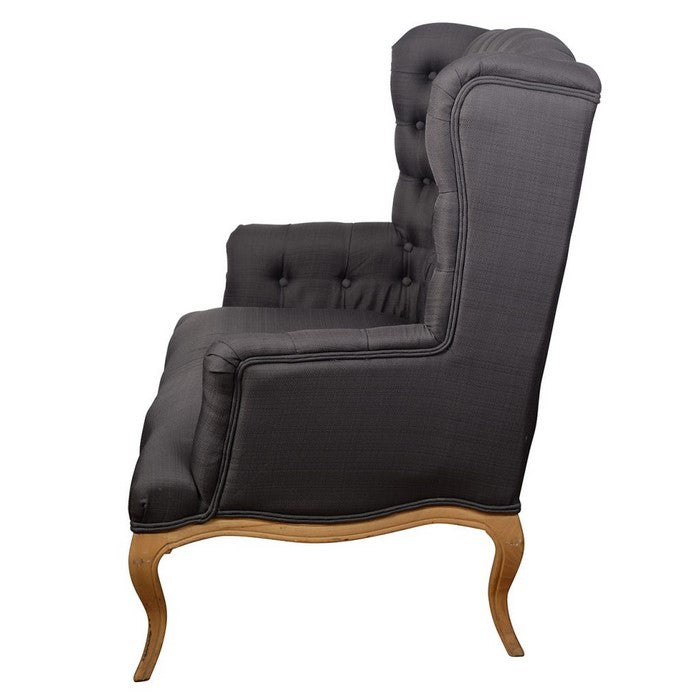 Fabric Upholstered Wooden Settee with Button Tufted Wingback Design Backrest, Gray and Brown