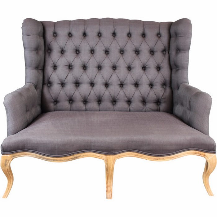 Fabric Upholstered Wooden Settee with Button Tufted Wingback Design Backrest, Gray and Brown