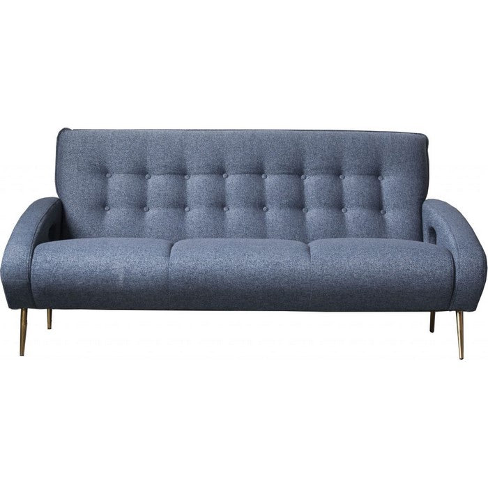 Button Tufted Fabric Upholstered Wooden Sofa with Tapered Legs, Blue and Gold