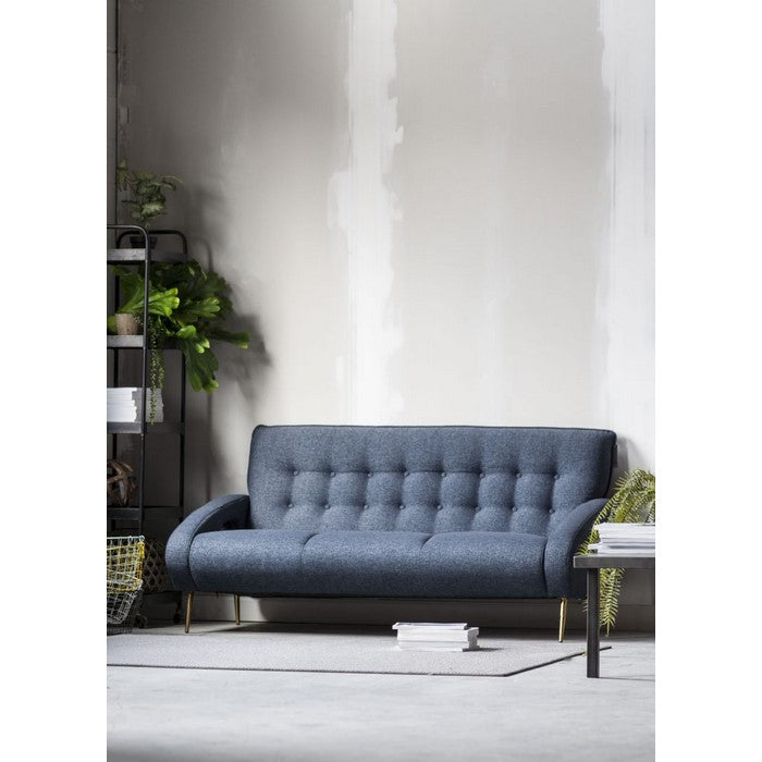 Button Tufted Fabric Upholstered Wooden Sofa with Tapered Legs, Blue and Gold