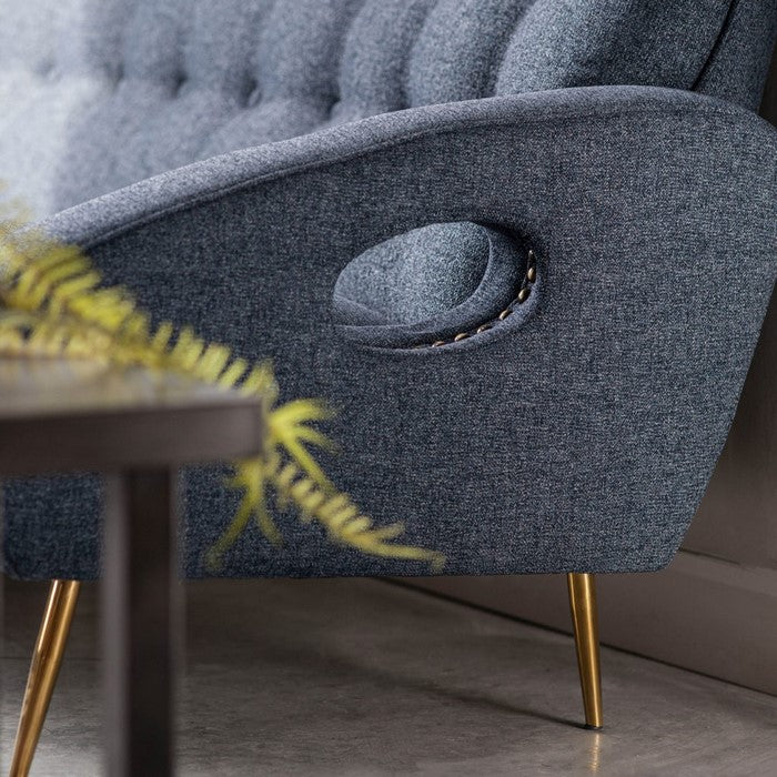 Button Tufted Fabric Upholstered Wooden Sofa with Tapered Legs, Blue and Gold