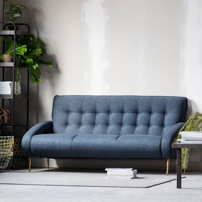 Button Tufted Fabric Upholstered Wooden Sofa with Tapered Legs, Blue and Gold