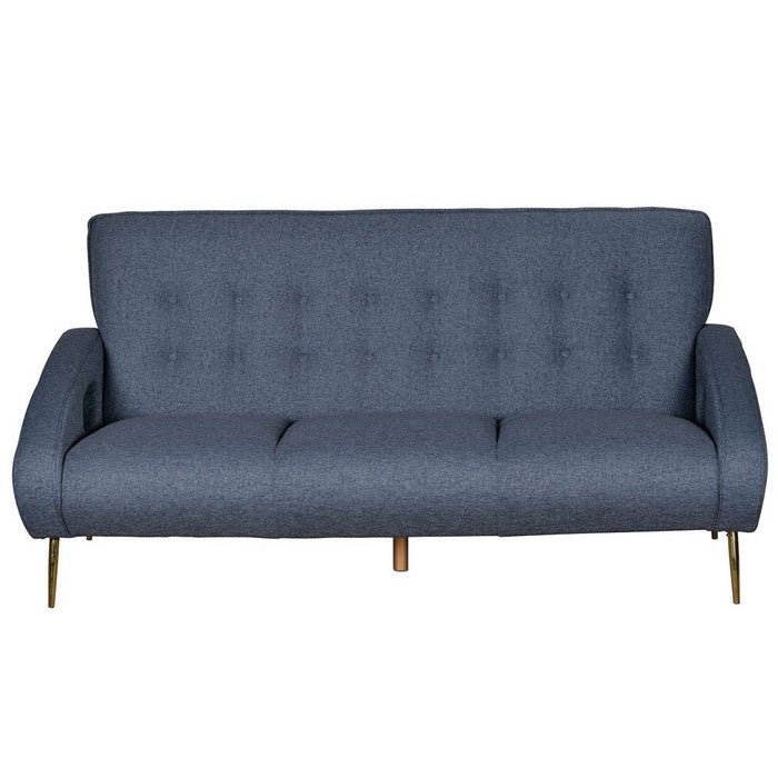 Button Tufted Fabric Upholstered Wooden Sofa with Tapered Legs, Blue and Gold