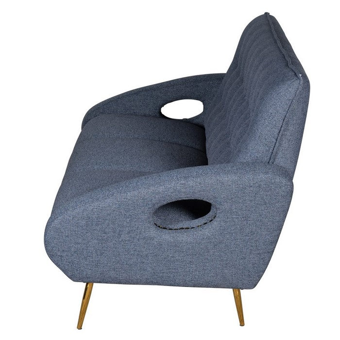 Button Tufted Fabric Upholstered Wooden Sofa with Tapered Legs, Blue and Gold