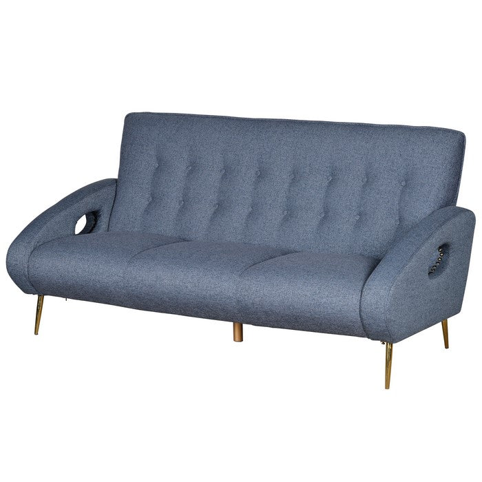 Button Tufted Fabric Upholstered Wooden Sofa with Tapered Legs, Blue and Gold