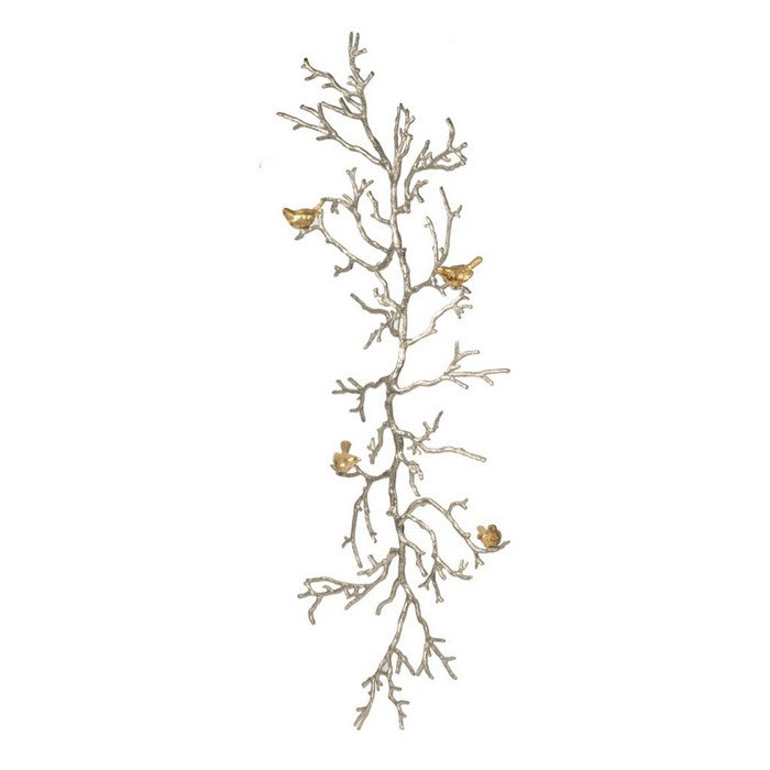 Branch Shape Aluminum WallDecor with Four Bird Accents, Gold