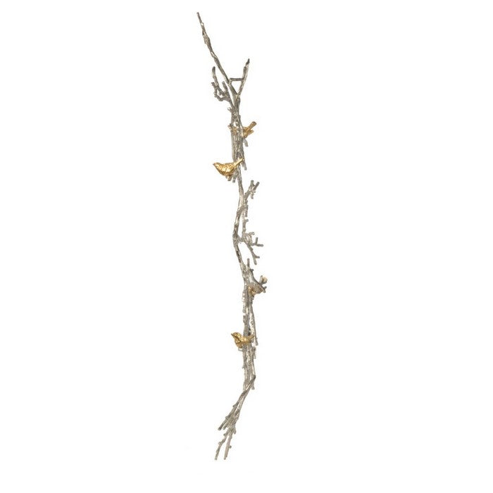 Branch Shape Aluminum WallDecor with Four Bird Accents, Gold