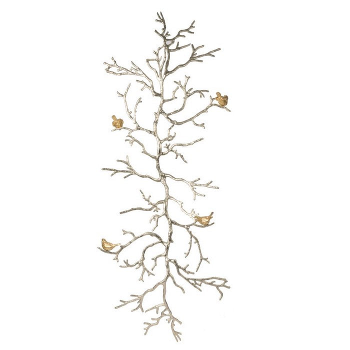 Branch Shape Aluminum WallDecor with Four Bird Accents, Gold