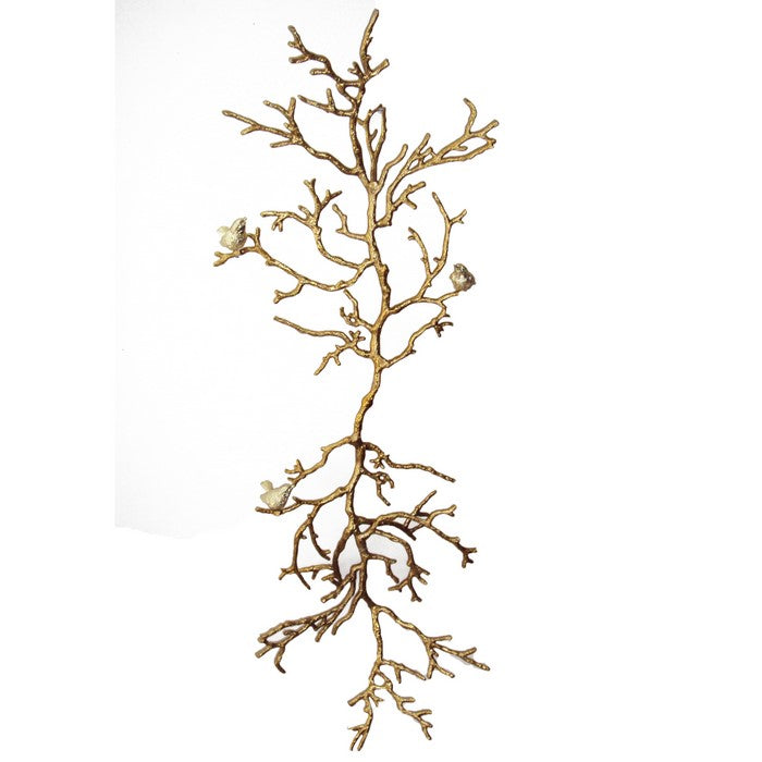 Branch Shape Aluminum WallDecor with Four Bird Accents, Gold