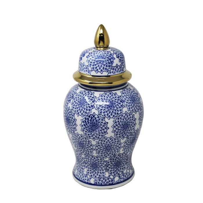 Dahlia Flower Texture Ceramic Temple Jar with Covered Top Lid, Blue and White