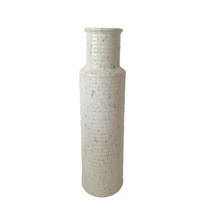 Ceramic Ribbed Cylindrical Vase with Round Base and Curved Mouth Rim, Large, White