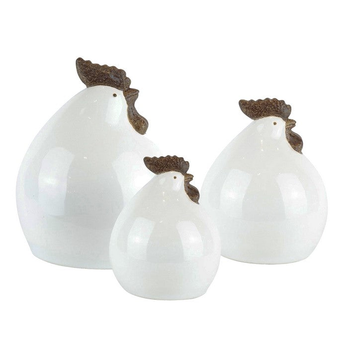 Ceramic Rooster Figurine with Contrasting Wattle and Comb Design, Set of Three, White and Brown
