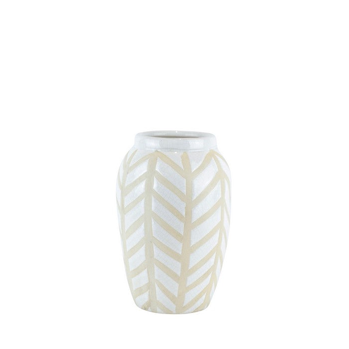 decorative Ceramic Vase with Unique Pattern, White and Beige