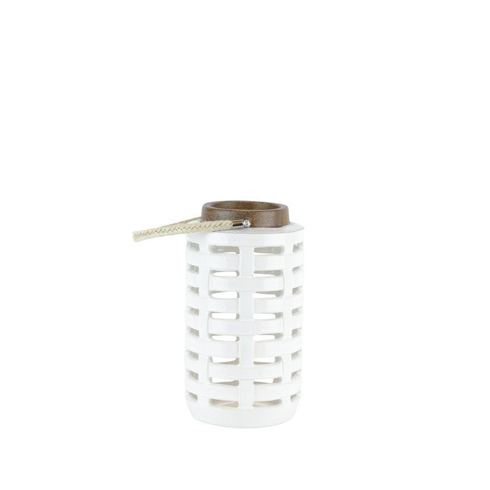Lattice Cutout Patterned Ceramic Lantern with Rope Handle, Small, Brown and White