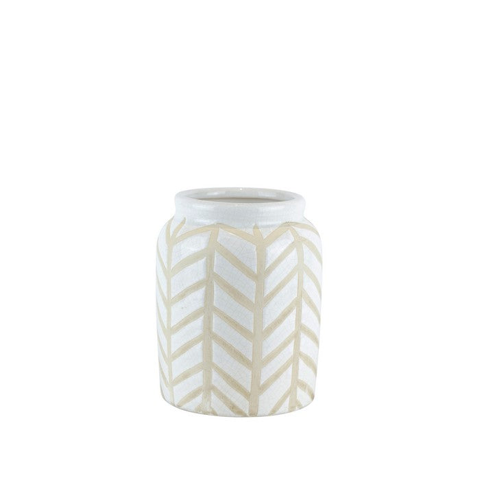 Crackled Textured Ceramic Table Vase with Geometric Pattern, Small, White and Beige