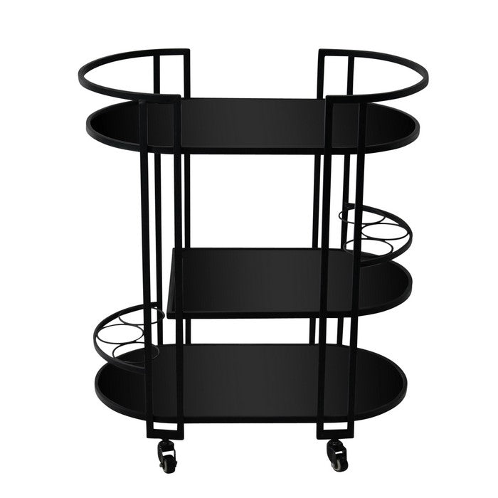Contemporary Metal Framed Bar Cart with Three Glass Shelves, Black