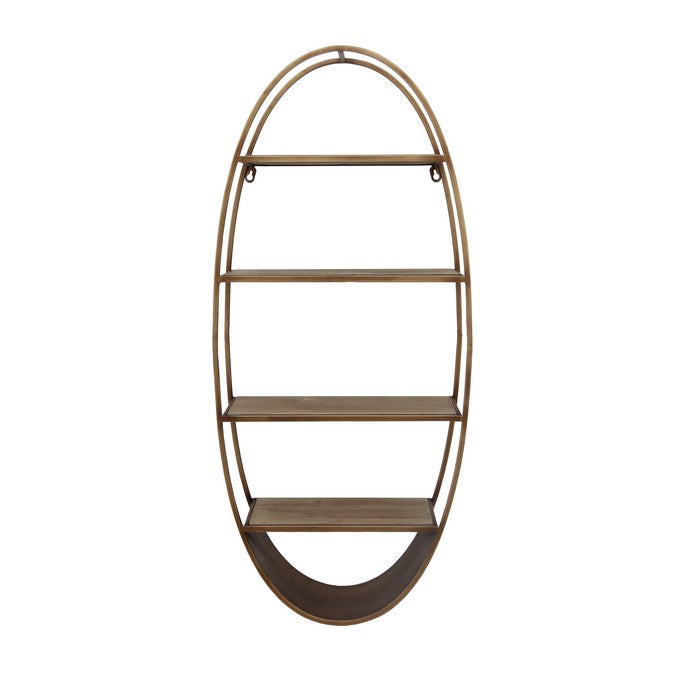 Oval Shape Four Tiered Metal and Wood Wall Shelf with Spacious Display, Brown and Gold