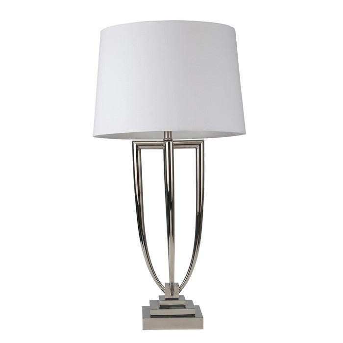 Contemporary Open Urn Metal Table Lamp with USB Port and Flared Shade, Silver and White